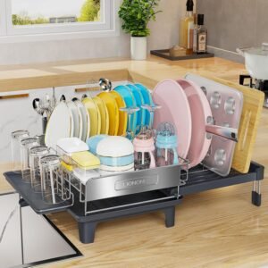Expandable Dish Drying Rack, Dish Racks for Kitchen Counter, Stainless Steel 304, Flip-Top Retractable Plate, Multi-Directional Adjustable Dish Rack, Space Saving Large Drying Rack Kitchen, Gray