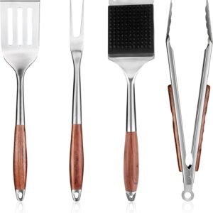 FJNATINH Heavy-Duty Grilling Accessories Rose Wooden BBQ Grilling Tools Set,Outdoor Grill Set with Spatula, Fork, Brush & Tongs,Essential Accessories for Barbecue & Grill. Ideal Gift for Men