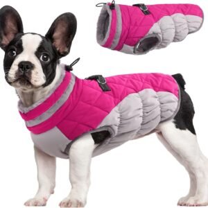 FUAMEY Dog Coat, Medium, Pink, Faux Fur - Waterproof, Windproof, Reflective Cold Weather Coat with Built-in Harness, Fits Dogs 11 lbs and Up