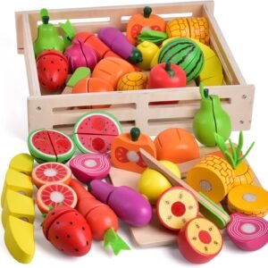 FUN LITTLE TOYS 35PCS Wooden Play Food for Kids Kitchen, Pretend Cutting Food Toys with Wooden Tray, Dishes and Knife for Kids, Pretend Play Food for Christmas Birthday Gifts
