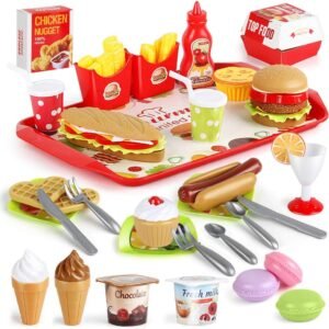 Fast Food Set - 59 PCS Kitchen Toy Set for Pretend Play, Kids Toddlers Play Accessories, Removable Food, Party Favor Christmas Stocking Stuffers