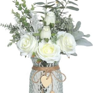 Faux Flowers with Vase,Artificial Silk Roses in Vase, Fake Plant Eucalyptus Flower Arrangement for Home Office Farmhouse Bathroom Dining Table Centerpiece Decorations Coffee Table Decor (White)