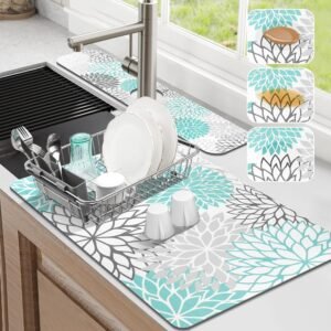 Findosom 2PCS 12" x 20" Dish Drying Mat & 24" x 5.5" Sink Splash Guard, Super Absorbent & Cuttable Dish Mat Drying Kitchen Mat with Teal Floral, Hide Stain Drying Mat for Kitchen Counter