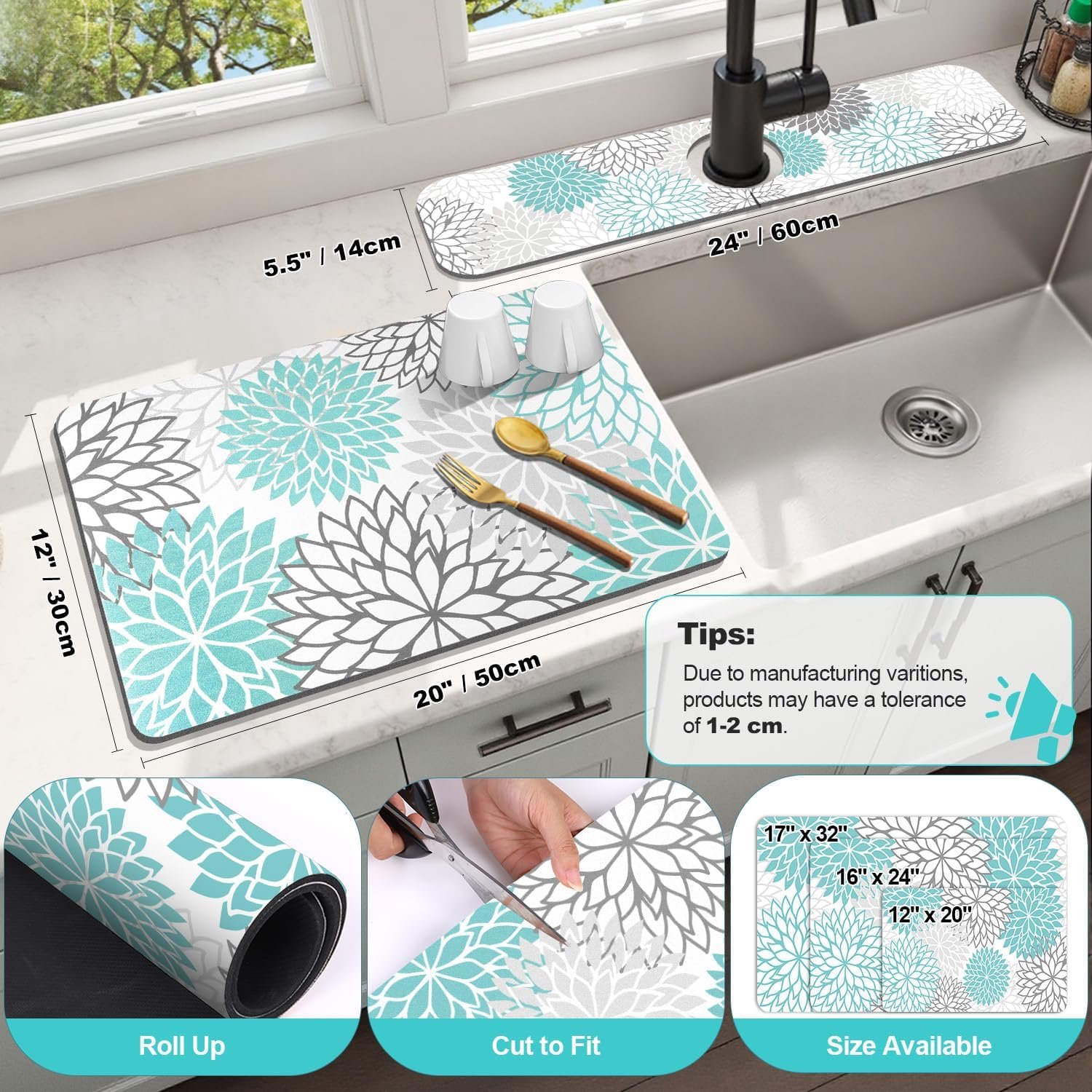 Findosom 2PCS 12" x 20" Dish Drying Mat & 24" x 5.5" Sink Splash Guard, Super Absorbent & Cuttable Dish Mat Drying Kitchen Mat with Teal Floral, Hide Stain Drying Mat for Kitchen Counter - Image 2