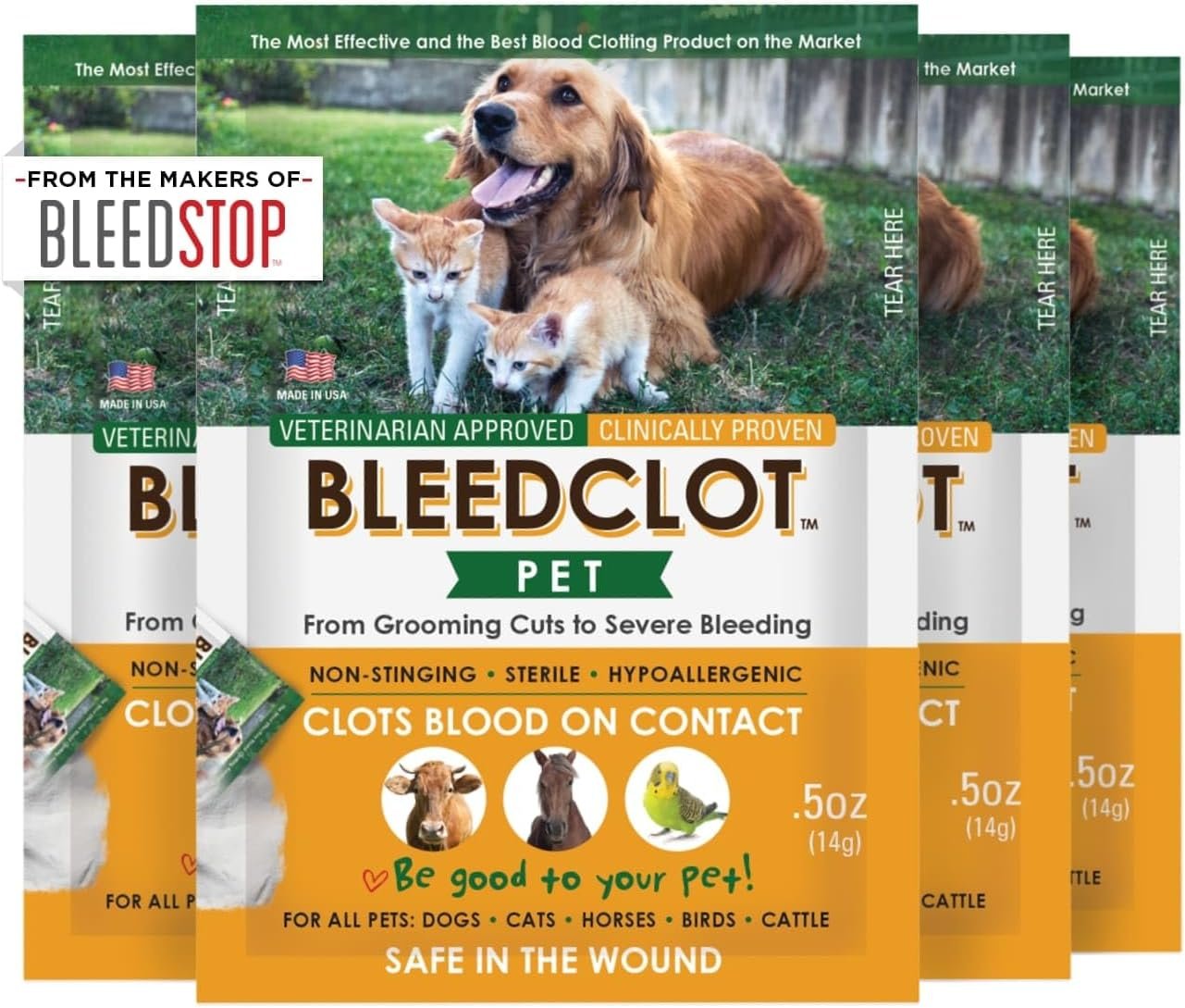 First Aid Blood Clotting Powder | The Best for All Animals to Stop Bleeding, Guaranteed | for Minor Cuts and Severe Arterial Bleeding | from The Makers of BleedStop (4 Pouches (0.5 oz))