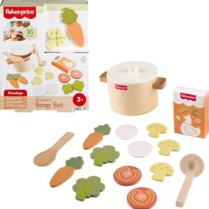 Fisher-Price Wood Kitchen Toy Veggie Soup, Tiny Garden 16-Piece Wooden Pretend Cooking Playset for Preschool Kids Ages 3+ Years (Amazon Exclusive)