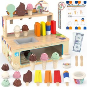 Foldable Wooden Ice Cream Toy Set Pretend Play Food Store for Toddlers, 52-Piece Kids Ice Cream Counter with Storage, Kitchen Playset Fake Money & Menu, Birthday Gift for 3 4 5 6 Year Old Girls Boys