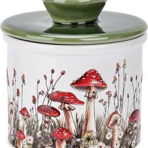 Fungi Fun Mushroom Butter Crock, Ceramic French Butter Dish with Lid for Countertop, Decorative Mushroom Kitchen Accessories and Kitchen Decor, Airtight Ceramic Container & Keeper White, Red & Green