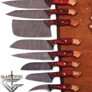 G29RD- Professional Kitchen Knives Custom Made Damascus Steel 8 pcs of Utility Chef Knife Set with Chopper/Cleaver Pocket Case Roll Bag (Red)