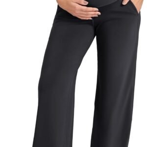 G4Free Maternity Pants Over The Belly Yoga Dress Work Pregnancy Pants Stretchy Lounge Wide Leg Trousers with Pockets