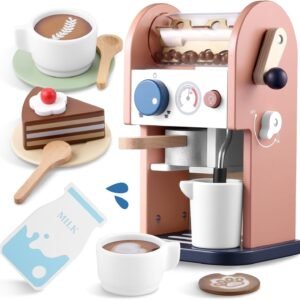 GAGAKU Wooden Coffee Maker Toy 14 pcs Play Kitchen Accessories Toy Coffee Maker for Kids Pretend Playset Toddler Coffee Maker Gifts for Boys and Girls