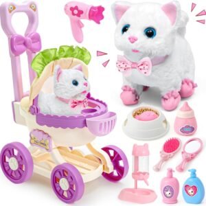 G.C Cat Toys for Kids Girls, Electronic Interactive Stuffed Cat Walk Meow and Wag Tail with Stroller Pet Care Accessories Toys Pretend Play Birthday Gifts for Toddlers Girls 3 4 5 6 7 8 Year Old