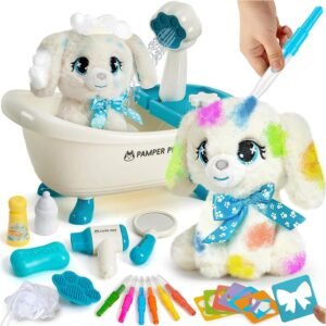 G.C Paint-Wash-Recolor Dog Plush Doll Toys for Kids Painting Craft Kit, Pretend Play Bath Toy with Bathtub, Blow Pen, Doodle Stuffed Animal Doll Painting Kit Gift for Boys Girls Ages 3 4 5 6 7 8