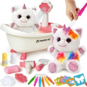 G.C Paint-Wash-Recolor Unicorn Stuffed Plush Doodle Toys for Girls Gift, Pretend Play Bathtub & Washable Blow Airbrush Painting Craft Kit, Unicorn Birthday Gift for Kid Girl 3 4 5 6 7 8 9+ Years Old