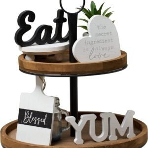 GENMOUS Farmhouse Kitchen Tiered Tray Decor Items Mini Set, Rustic Black and White Kitchen Counter Decor, Two Tiered Tray Kitchen Decor Set for Home Kitchen Dining Room Table Decoration