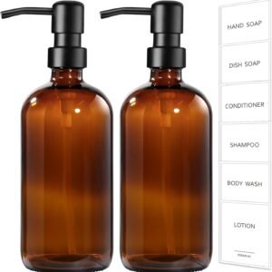 GMISUN Amber Glass Soap Dispenser, 2 Pack Bathroom Hand Soap Dispensers with Stainless Steel Pump, 17 Fl Oz Kitchen Hand and Dish Soap Dispenser Set, Modern Vintage Liquid Brown Soap Dispensers Bottle