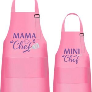 GROBRO7 2Pcs Kids Adult Apron Set Gift, Mama and Mini Chef Pattern Adjustable Strap Kitchen Family Aprons with 2 Pockets, Waterproof Pink Smocks for Baking Cooking Gardening