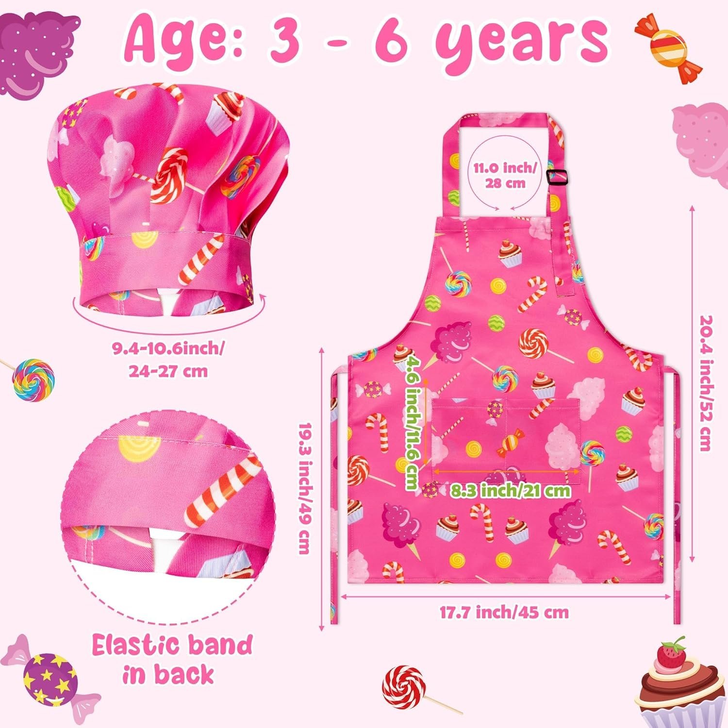 GROBRO7 4Pcs Kids Apron and Chef Hat Set Gift for Girls Boys, Cookie Cupcake Candy Prints Kitchen Pretend Play Child Pink Adjustable Aprons with 2 Pockets Waterproof Smocks for Baking Cooking Painting - Image 2