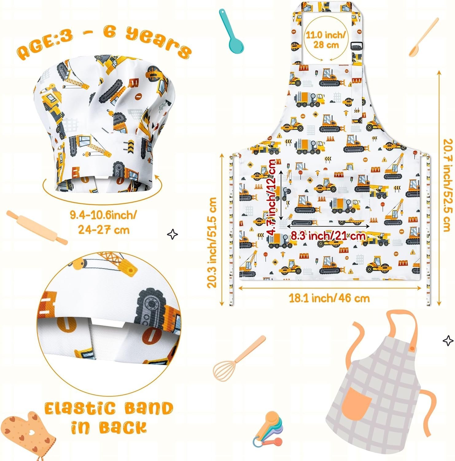 GROBRO7 4Pcs Kids Apron and Chef Hat Set Gift for Girls Boys, Dinosaurs Construction Vehicles Adjustable Kitchen Cooking Child Aprons with 2 Pockets Waterproof Smocks for Baking Painting Crafting - Image 2