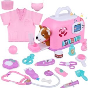 Gifts2U Pet Care Cage Play Set, Vet Clinic and Doctor Kit for Kids with Dress Up Costume, Doctor Medical Pretend Role Play Dog Grooming Toys, Puppy Feeding Carrier Toy for Boys and Girls Ages 3-8