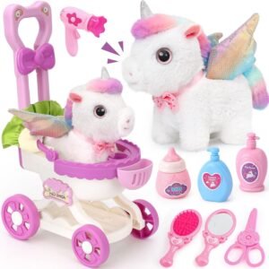 Girl Interactive Walking Unicorn Stroller Toy Set with Plush Electric Unicorn & Groom Care Accessories, Pretend Play Christmas Birthday Gift Toddler 3 4 5 6 Years, Unicorn Toys for Girls 4-6