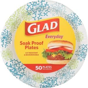 Glad Everyday Round Paper Plates, Blue Hydrangea Print Disposable Dinner Plates for Meals and Parties, Soak Proof and Cut Resistant, Microwave Safe Tabletop Plates, 10 Inch, 50 Count