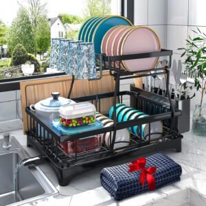 Godboat Dish Drying Rack, 2-Tier Dish Rack with Auto-Drain & Mat, Dish Racks for Kitchen Counter, Dish Drainer with Knife, Fork & Cup Rack, Gifts for Women, Mothers Day, Cool Stuff & Kitchen Gadgets