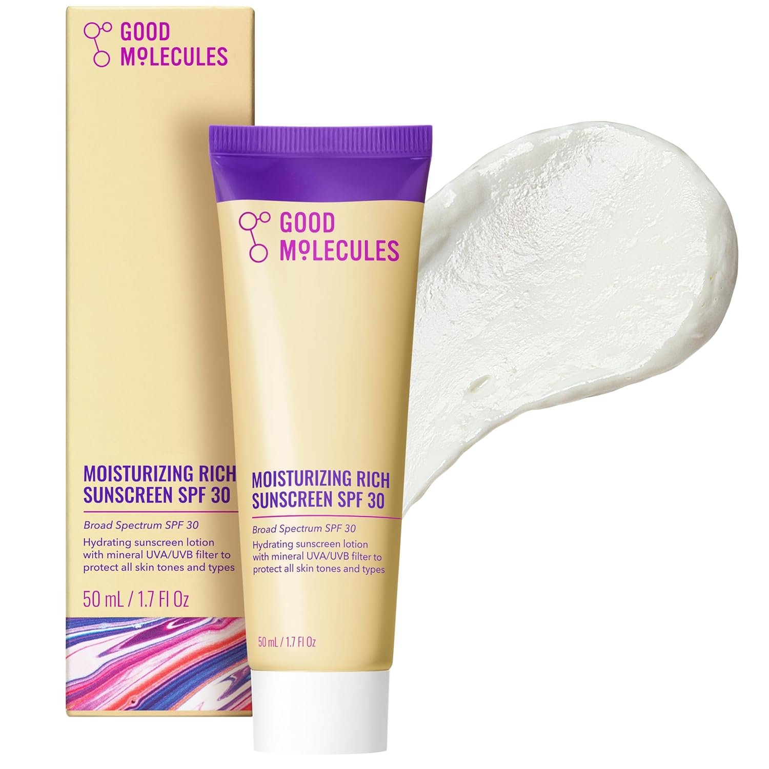 Good Molecules Moisturizing Rich Sunscreen SPF 30 – Mineral Zinc Oxide Face Sunscreen - Hydrating, Fragrance-Free, No White Cast | Broad Spectrum UVA/UVB Protection - 50 ml / 1.7 fl oz