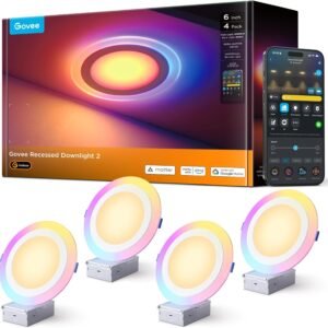 Govee Smart Recessed Lighting 6 Inch, Matter RGBIC LED Recessed Light Work with Alexa, Google Assistant, Dimmable 1100LM Canless Downlight with Junction Box for Living Room, Bedroom, Kitchen 4 Pack