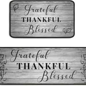 Grateful Thankful Blessed Kitchen Rugs Set of 2 Grey Non-Slip Kitchen Rug and Mat Cushioned Comfort Kitchen Standing Rug for Kitchen Floor Farmhouse Thanksgiving Decor 17"x47"+17"x30"