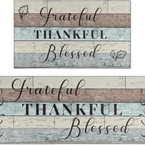 Grateful Thankful Blessed Kitchen Rugs Set of 2 Non-Slip Kitchen Rug and Mat Cushioned Comfort Kitchen Standing Rug for Kitchen Floor Farmhouse Thanksgiving Decor 17"x47"+17"x30"