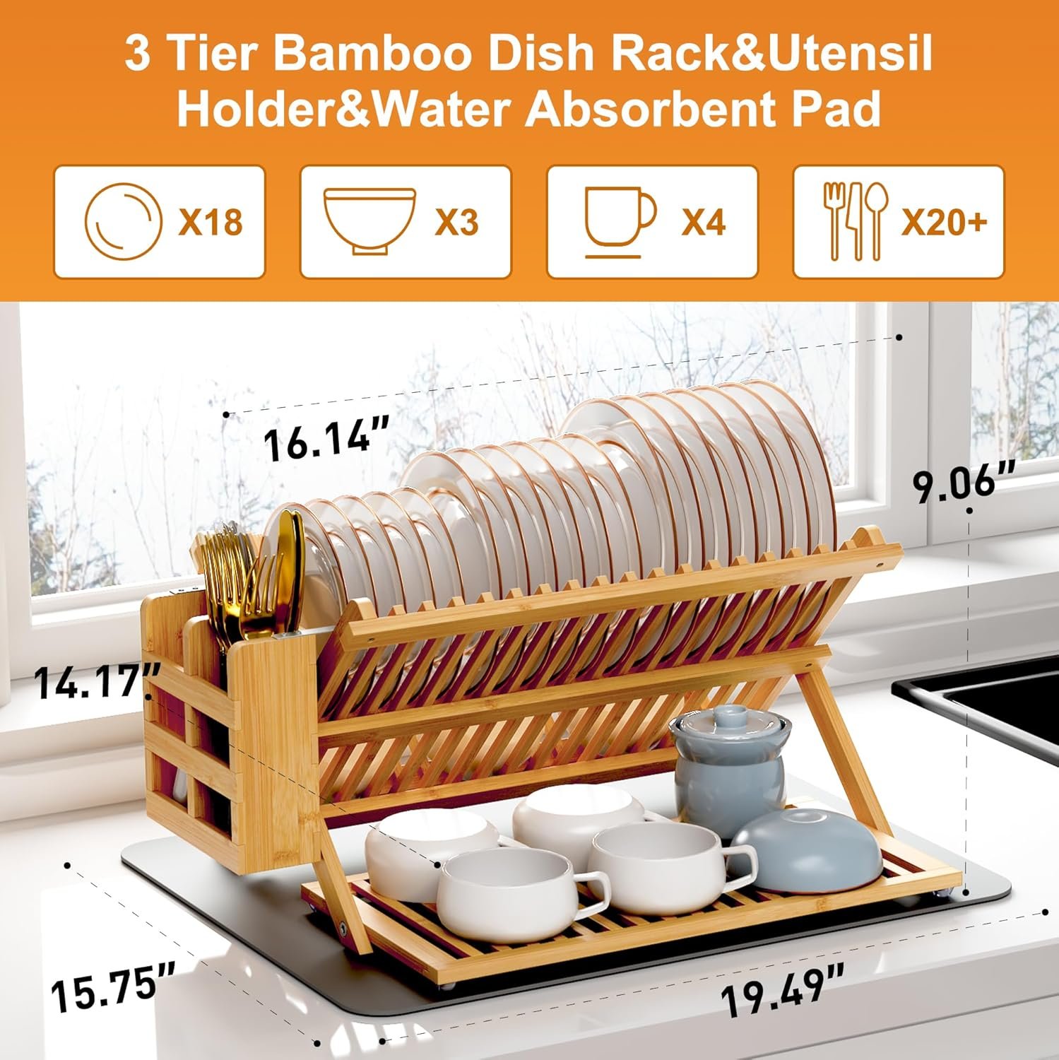 Greenual Bamboo Dish Drying Rack with Utensil Holder, 3 Tier Collapsible Dish Rack, Wooden Dish Racks for Kitchen Counter, Large Folding Drying Holder with Absorbent Dish Drying Mat - Image 2