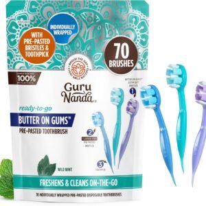 GuruNanda Ready-to-Go Disposable Mini Travel Toothbrushes - Butter on Gums Softex Bristles, Pre-Pasted Toothbrush & Toothpick - Fluoride-Free, No Rinsing Needed, 70 Ct