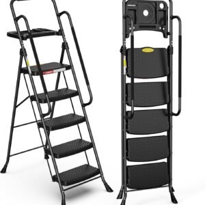 HBTower 5 Step Ladder, Folding Step Stool with Tool Tray, Sturdy Steel Ladders with Handrails for Home Adults Kitchen