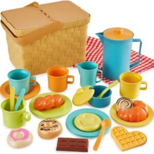 HERSITY Picnic Basket Toys for Toddlers, Kids Play Tea Sets with Teapot Tea Cup Dessert Food and Mat, Pretend Play Kitchen Accessories Tea Party Set Little Girl Boy 3 4 5 Years Old