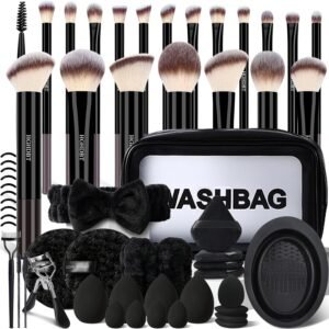 HGHDBT 57Pcs Black Makeup Brushes Set Professional with Case Premium Synthetic for Foundation Concealer Blush Eye Shadow Powder Eye & Face Make up Brush Kit with Beauty Blender Sponge Set Tools
