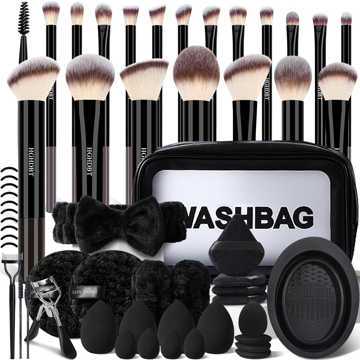 HGHDBT 57Pcs Black Makeup Brushes Set Professional with Case Premium Synthetic for Foundation Concealer Blush Eye Shadow Powder Eye & Face Make up Brush Kit with Beauty Blender Sponge Set Tools