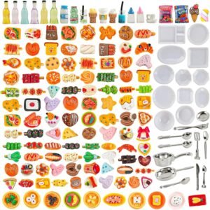 HKLMRO 150Pcs Miniature Food Drink Bottles Adults Dollhouse Soda Pop Cans Pretend Play Kitchen Cooking Game Party Accessories Toys Hamburger Cake Ice Cream Pizza Bread Tableware Doll House Landscape