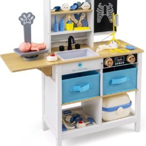 HONEY JOY Kids Wooden Doctor Play Set, 2 In 1 Checkup Medical Office Center & Vet Clinic Station, Chalkboard, Pet Scale & Medical Kit, X-Ray, Toddler Pretend Hospital Playset Kit for Boys Girls (Blue)