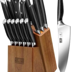 HOSHANHO 16-Piece Kitchen Knife Set with Block, Powder Steel High Carbon Steel Knife Block Set, Ultra Sharp Professional Chef Knife Set with Sharpener
