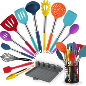 HOTEC 446°F Heat Resistant Silicone Kitchen Utensils, Cooking Utensil Set, Spatula Set, BPA Free, Kitchen Gadgets, Utensils Holder, Dishwasher Safe, 14pcs Multicolor