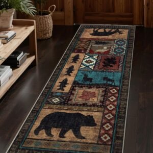 Hallway Runner Rug 2x6 Indoor Door Mat - Bear Rustic Cabin Non-Slip Entryway Rug, Low Pile Tribal Print for Kitchen, Bedroom