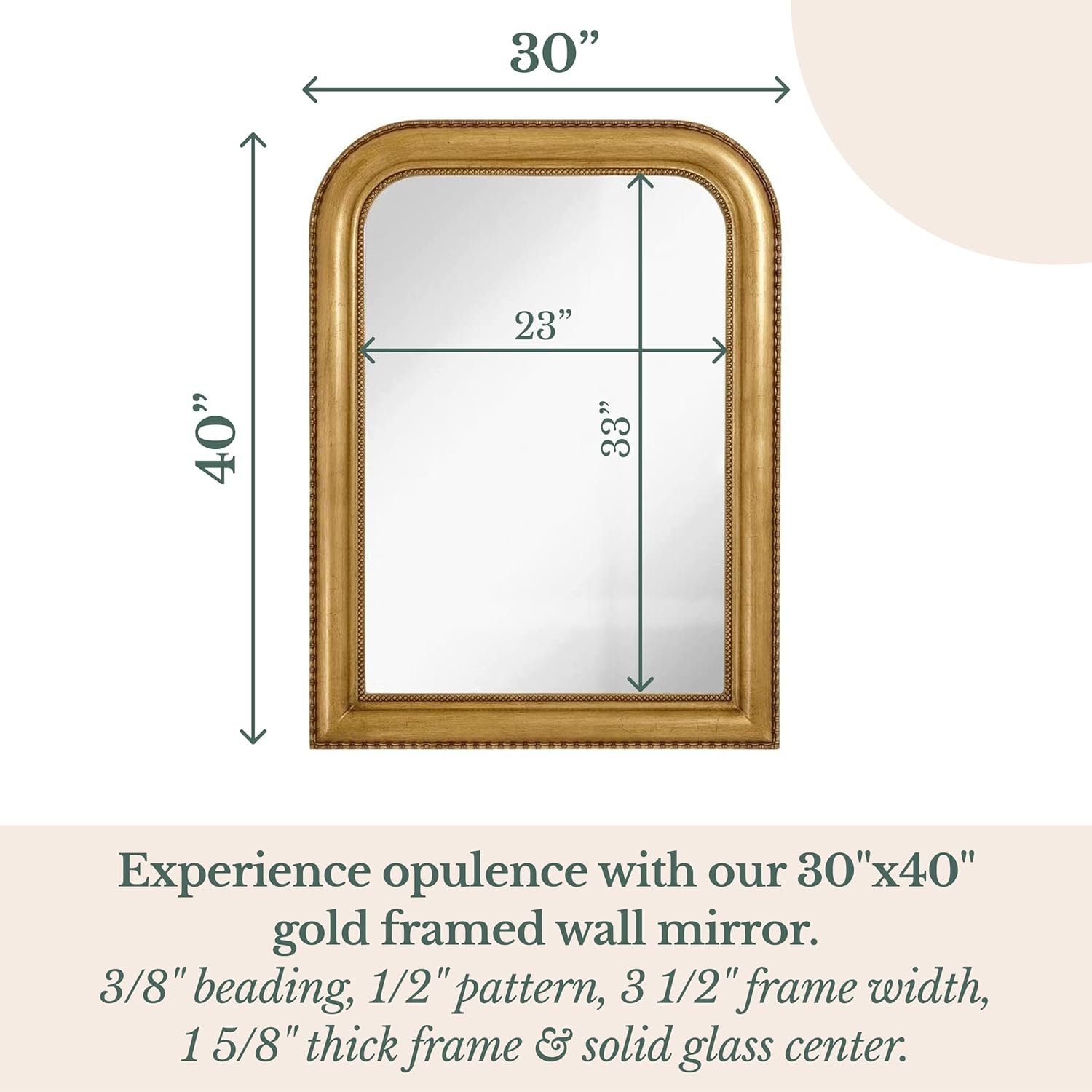 Hamilton Hills 40" x 30" Classic Gold Mirror - Rich Framed Top Round Corner- Thick Arched Top Rich Wall Mirror - Vanity for Bathroom Decor, Bedroom, Living Room - Hangs Horizontal or Vertical - Image 2