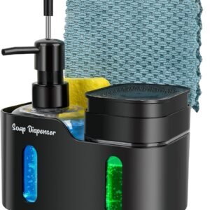 Hand Soap and Dish Soap Dispenser Set for Kitchen, Dual Soap Dispenser with Sponge Holder and Dishcloth Holder 4-in-1 Organizer for Kitchen Sink Countertop, Useful Kitchen Gadgets (Black)