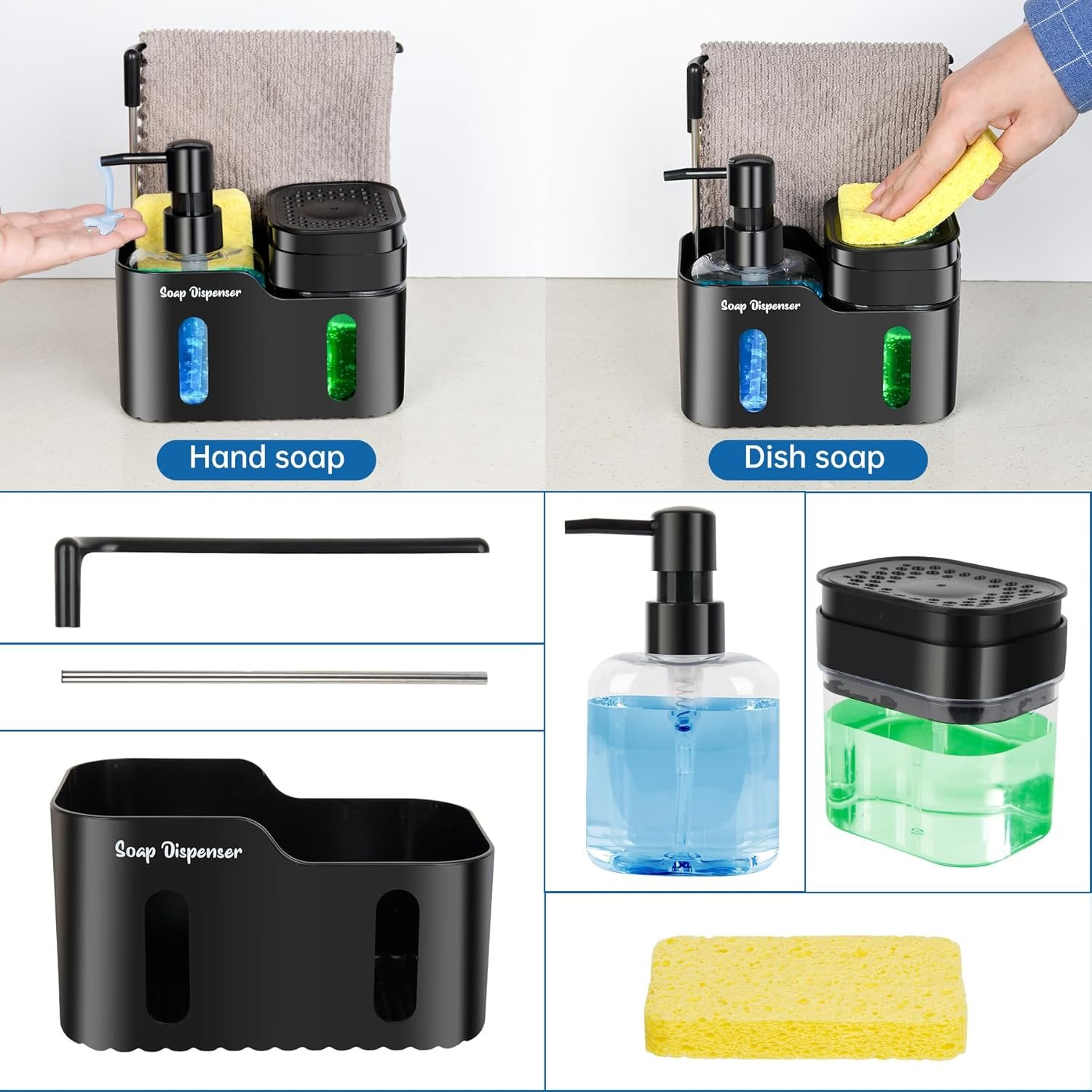 Hand Soap and Dish Soap Dispenser Set for Kitchen, Dual Soap Dispenser with Sponge Holder and Dishcloth Holder 4-in-1 Organizer for Kitchen Sink Countertop, Useful Kitchen Gadgets (Black) - Image 2