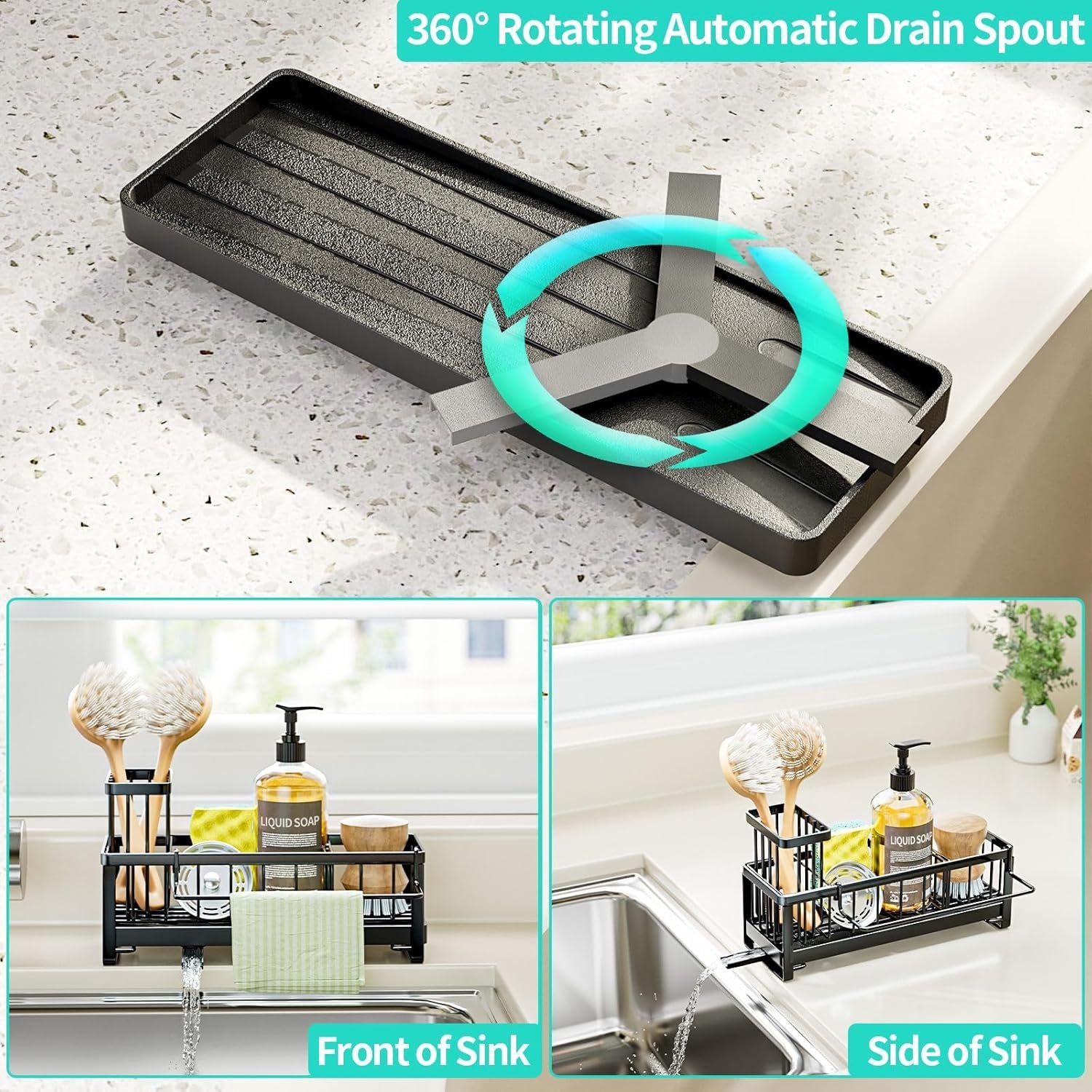HapiRm Sponge Holder for Kitchen Sink - Self-draining Sink Caddy with Brush and Dishcloth Holders, Stainless Steel Kitchen Organizer for Countertop - Black - Image 2