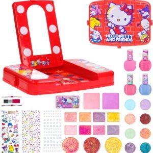 Hello Kitty and Friends Beauty Vanity Set with Light-Up Mirror, Includes Lip Gloss, Eyeshadow, Blush, Brushes, Nail Polishes, AA Batteries Not Included, Ages 3+, by Townley Girl