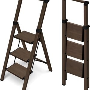 HillhutApex 3 Step Foldable Aluminum Step Ladder with Handgrip, Anti-Slip Pedal, 330lbs Capacity, Lightweight & Portable for Home, Kitchen, Office, Garage (Walnut)