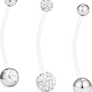 Hoeudjo 14G 1 1/2 Inch CZ Sports Pregnancy Maternity Flexible Bioplast Long Belly Button Rings Navel Retainer Body Piercing Set of 3