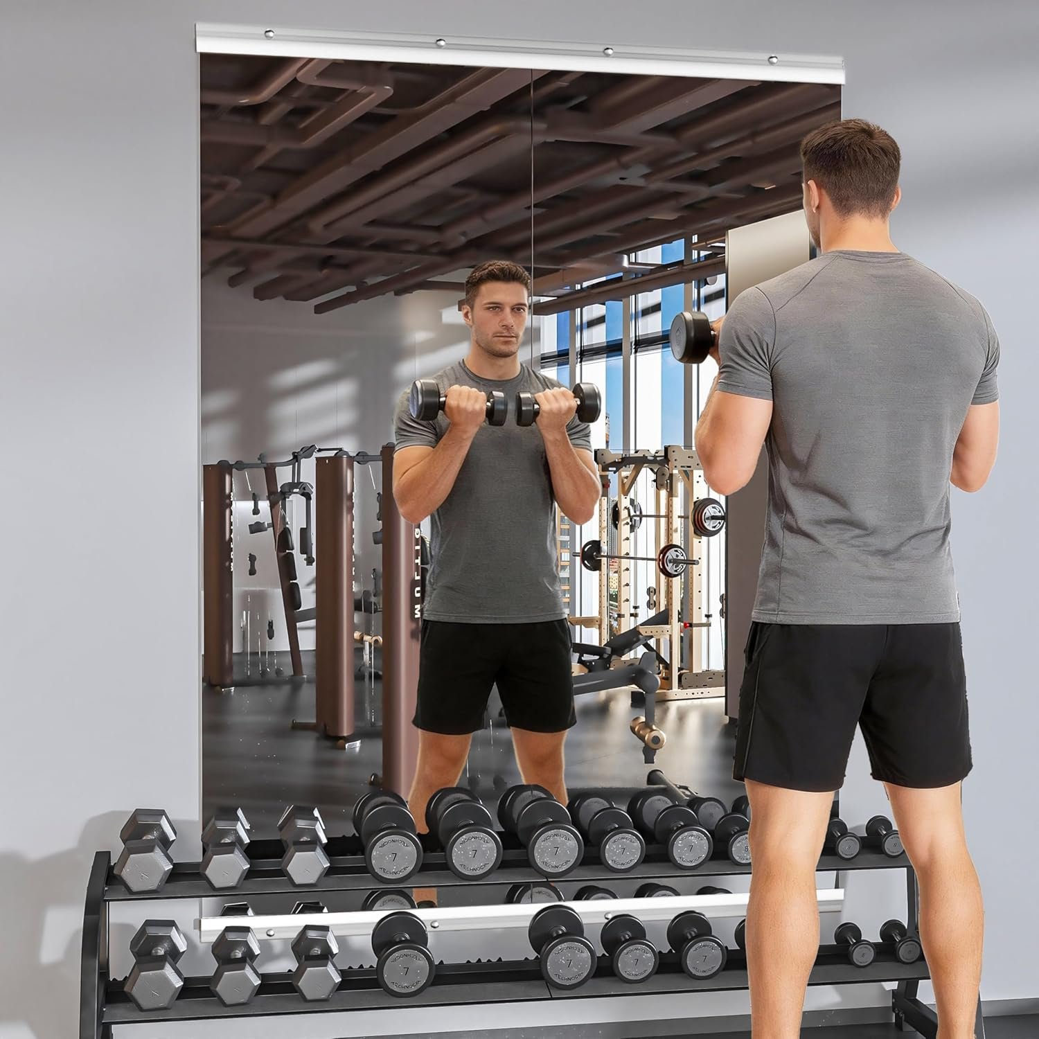 Home Gym Mirror, 55" x 21", 2PCS Large Full Body Mirror for Yoga, Silver Frameless Tempered Glass, Wall-Mounted Wall Mirrors for Home Gym, Workout, Garage, Bedroom, Bathroom, Dance Studio - Image 2